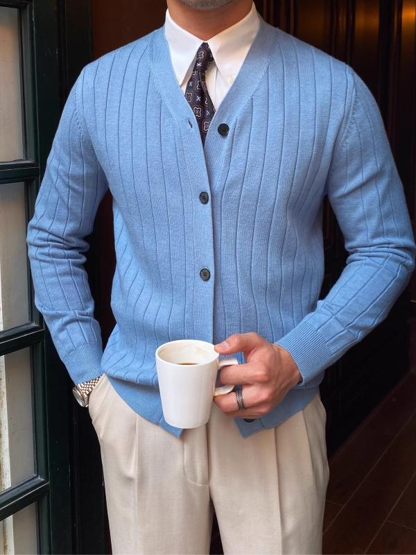 White ribbed knit mens cardigan close view showing the vertical rib knit texture