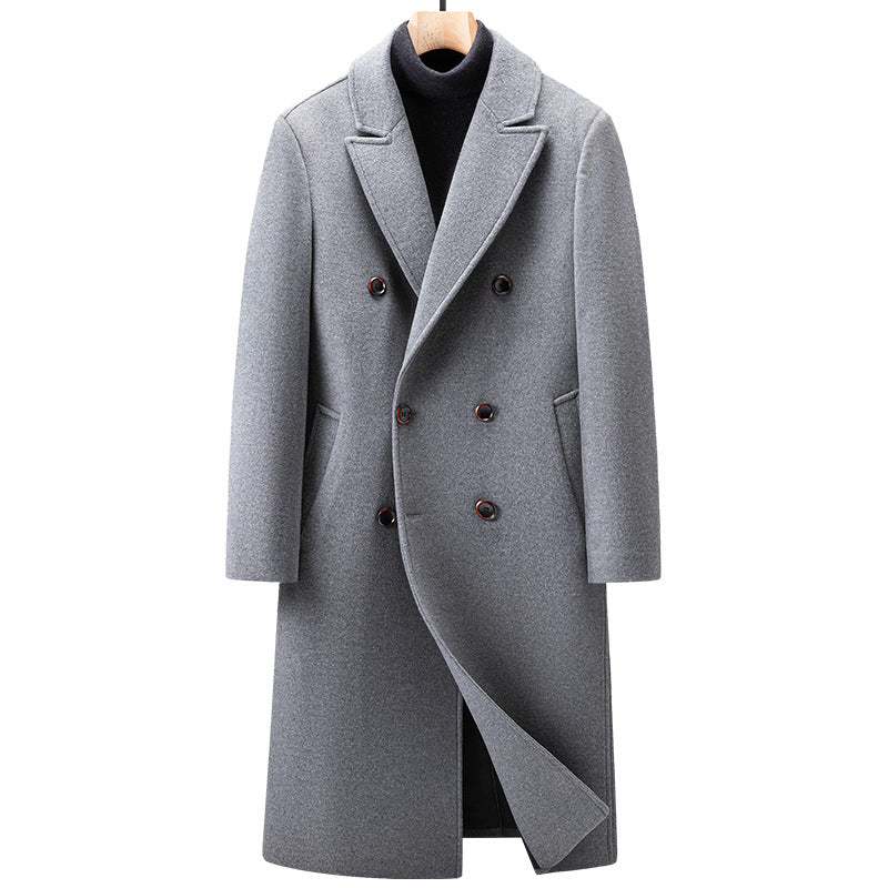Grey double-breasted long coat with peak lapels over a black turtleneck, size 175/L option