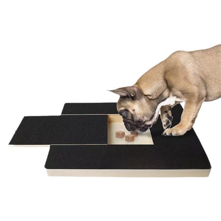 Close view of the coarse black sandpaper surface on the wooden pet nail grinding board