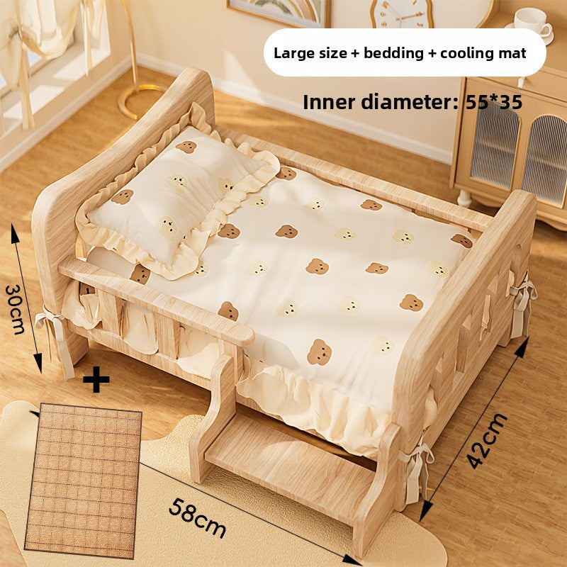 Large solid wood pet bed with bear print bedding set and woven summer mat beside it