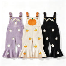 Girls Ribbed Flared Overalls with Ghost and Pumpkin Embroidery