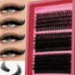Four made up eyes showing DIY black lash clusters from natural to thick