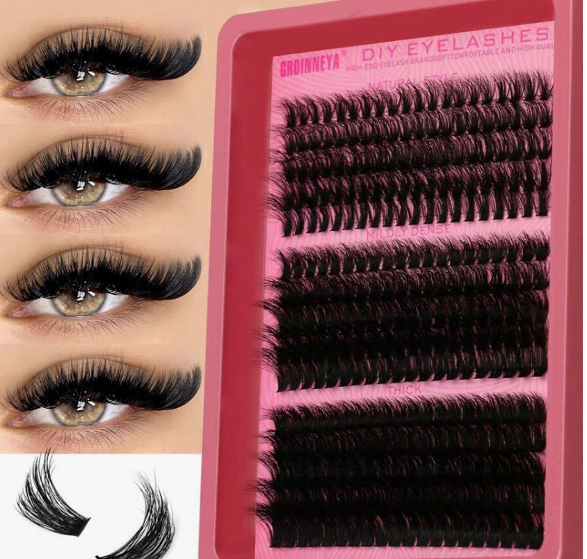 Four made up eyes showing DIY black lash clusters from natural to thick