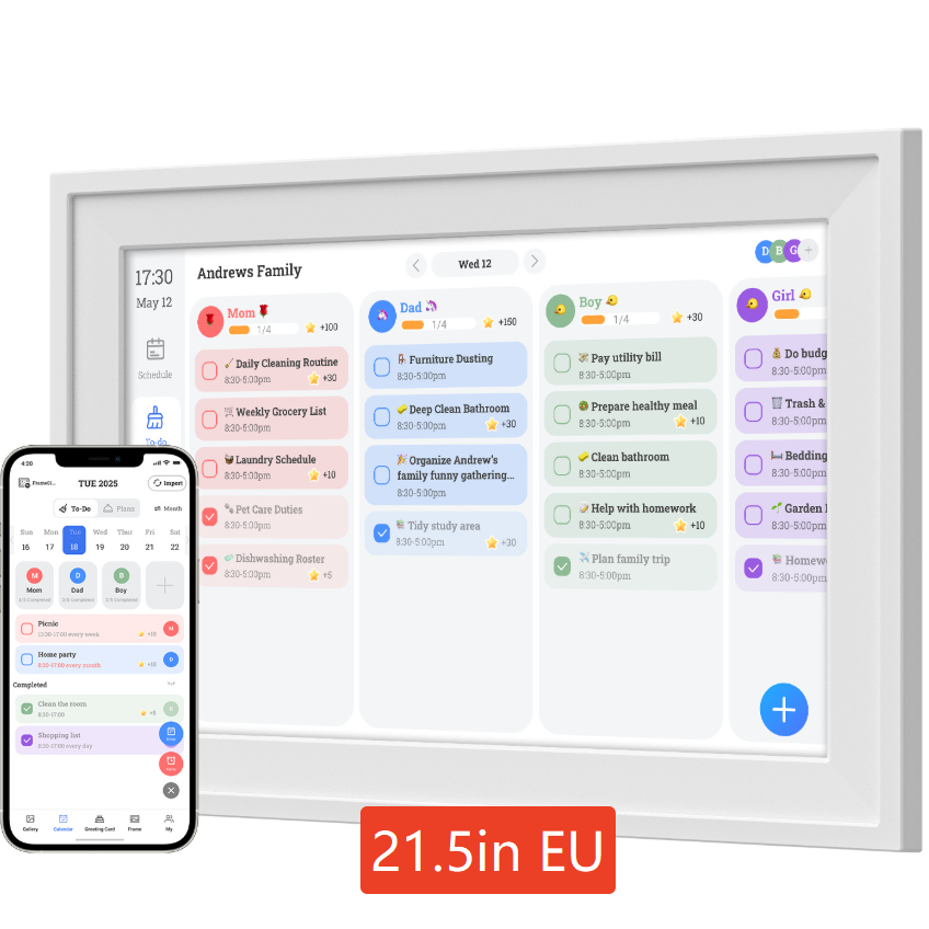 White framed touchscreen calendar shown in a kitchen keeping the family schedule visible