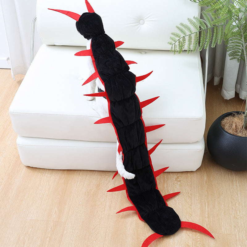 Black and red centipede inspired Halloween cat costume being worn