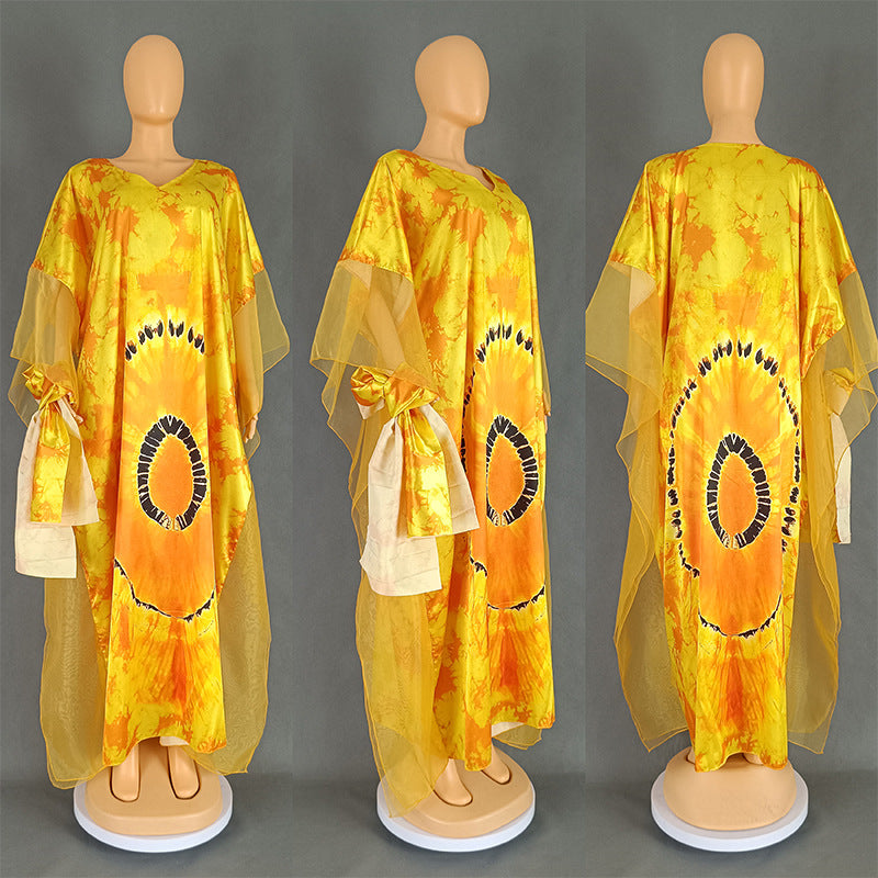 Yellow ground African print kaftan with sheer mesh oversleeves, Fit 2 yellow option photo