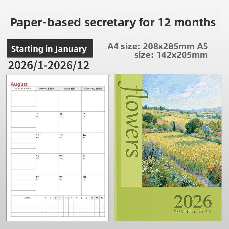 Green Rice Field 2026 cover monthly planner notebook in A4