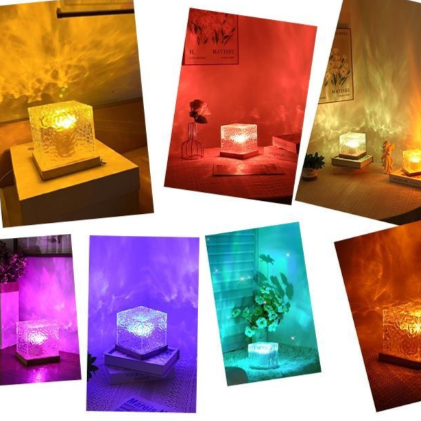 LED water ripple projection lamp glowing in a warm color against a plain wall