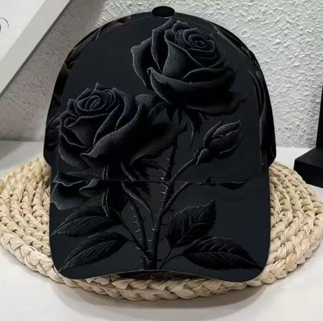 Flower print baseball cap with a curved peak resting on a neutral backdrop