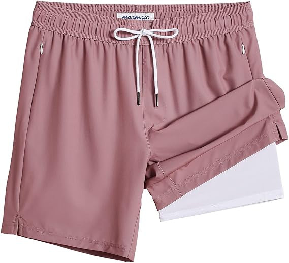 Men's swim trunks flat lay showing print shell and stretch liner