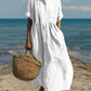 Short-sleeve cotton linen dress shown from an alternative angle