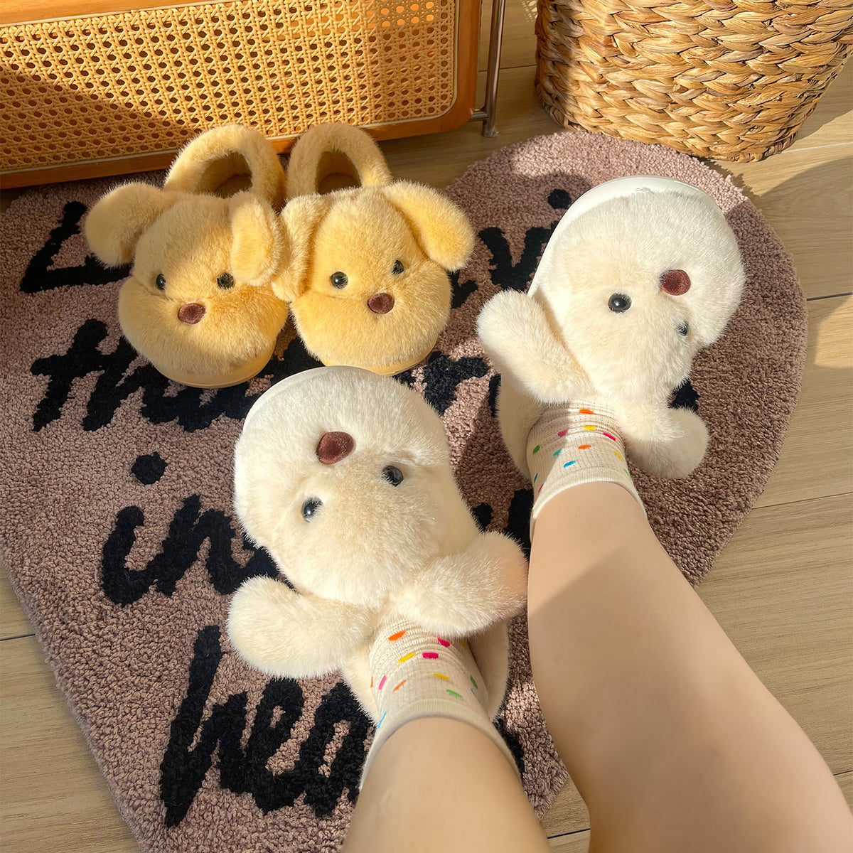 Plush puppy face home slippers in soft faux fur with an open back and thick EVA sole on a home floor
