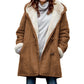 Women's hooded suede toggle coat with white plush lining in Brown