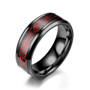 Front view of stainless steel dragon ring with colored inlay flake
