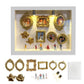 White shadow box set with six gold mini photo frames, two cherubs and five figurines above the loose pieces, white option