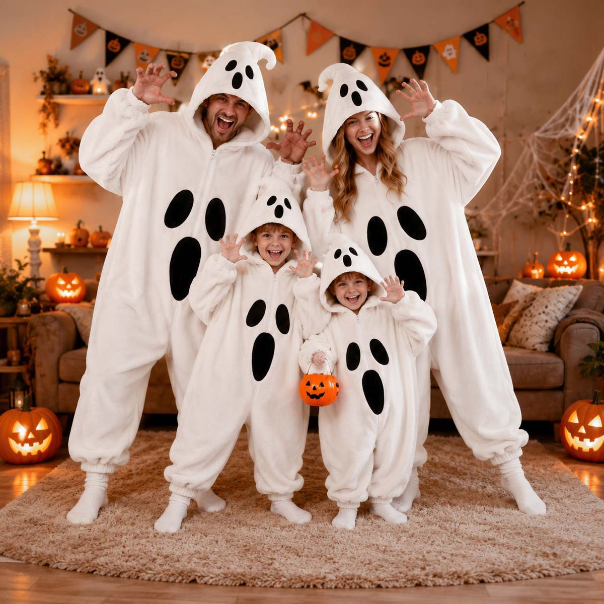 Four people in matching white plush ghost onesies striking spooky poses in a Halloween decorated room