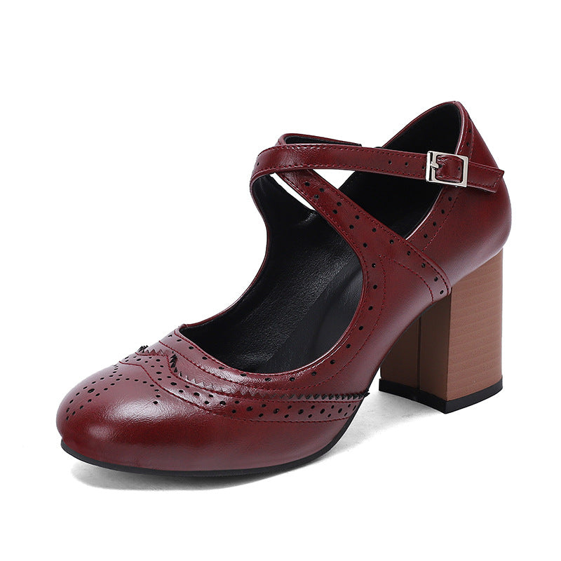 Wine red brogue Mary Jane block heel pump with cross ankle strap on white, EU size 42 option