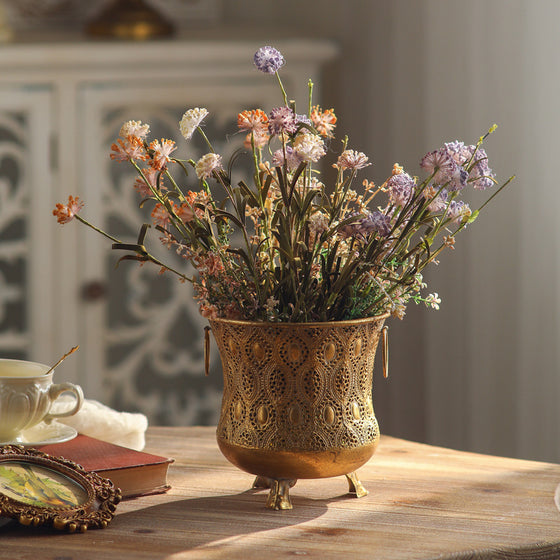 Retro Gold Iron Flowerpot with Pierced Lace Pattern and Ring Handles