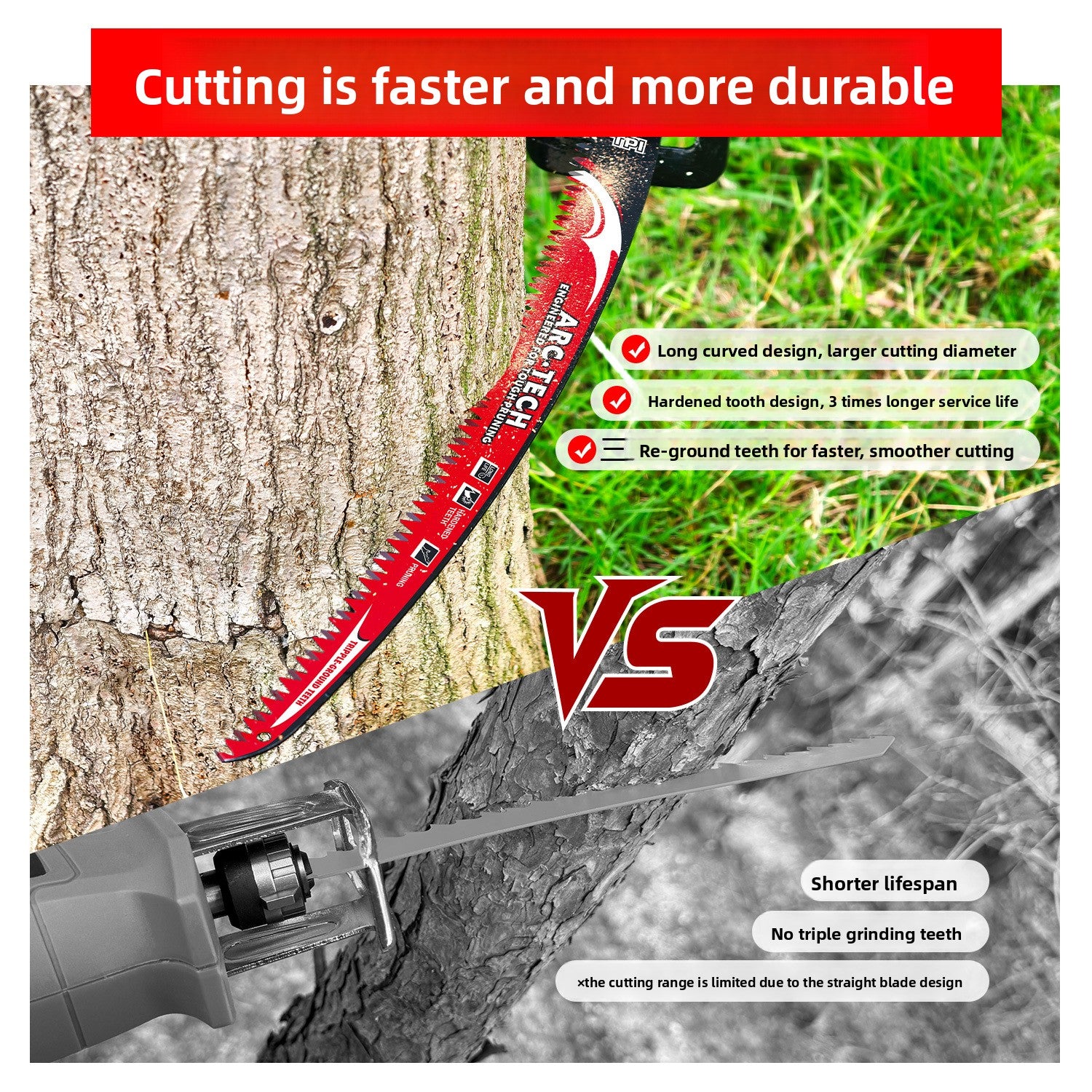 Curved arc saw blade cutting a tree trunk next to a straight blade, comparing reach and tooth life