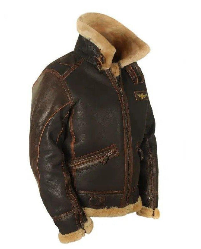 Brown vegan leather bomber jacket with a sherpa lined collar and a leather snap throat tab