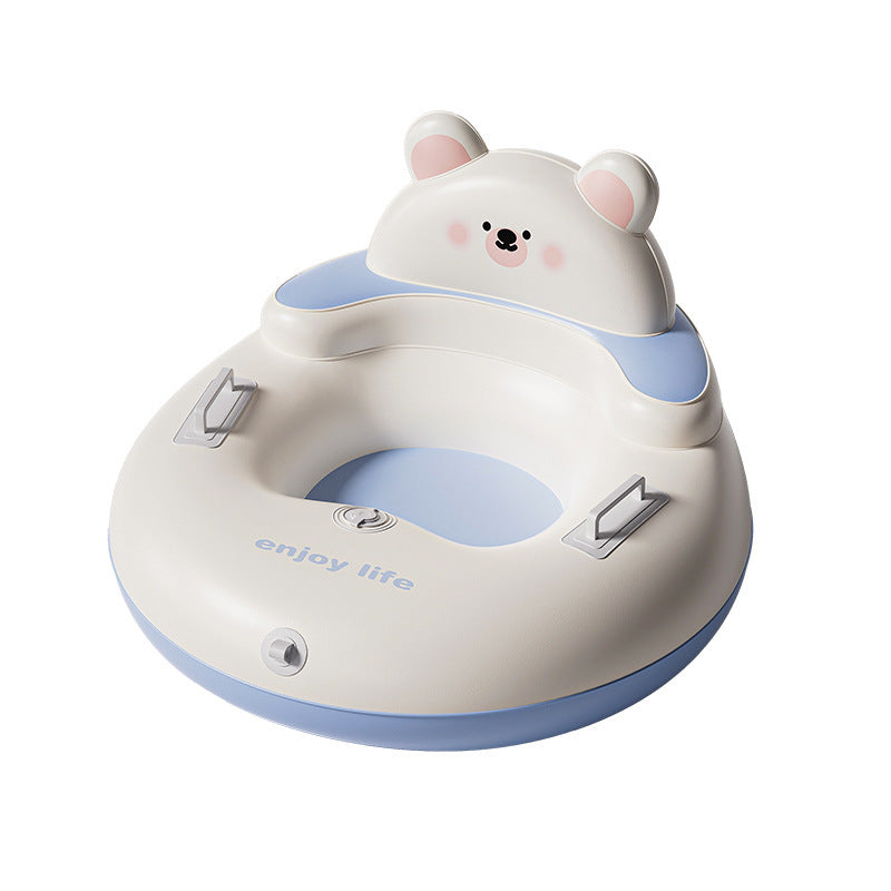 Cream and blue inflatable snow ring with a bear face backrest and two side handles on a white background