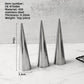 Three stainless steel cone pastry molds 12 cm tall with a 3.3 cm base on a marble surface