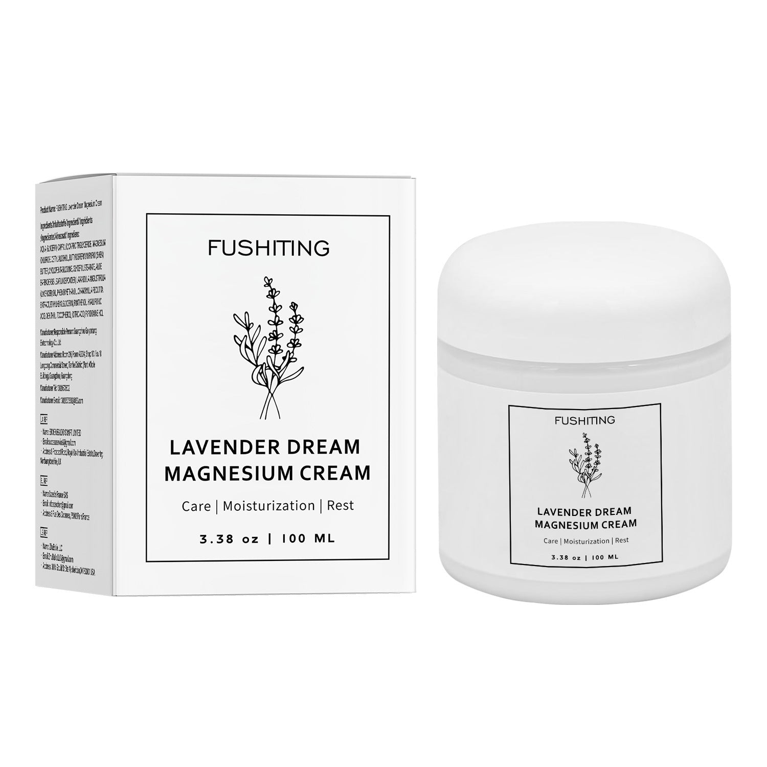Back of the lavender magnesium body butter box showing the ingredient list and jar