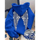 Royal Blue pullover hoodie with rhinestone wings on the back and a stone close-up, option photo for Royal Blue 2XL