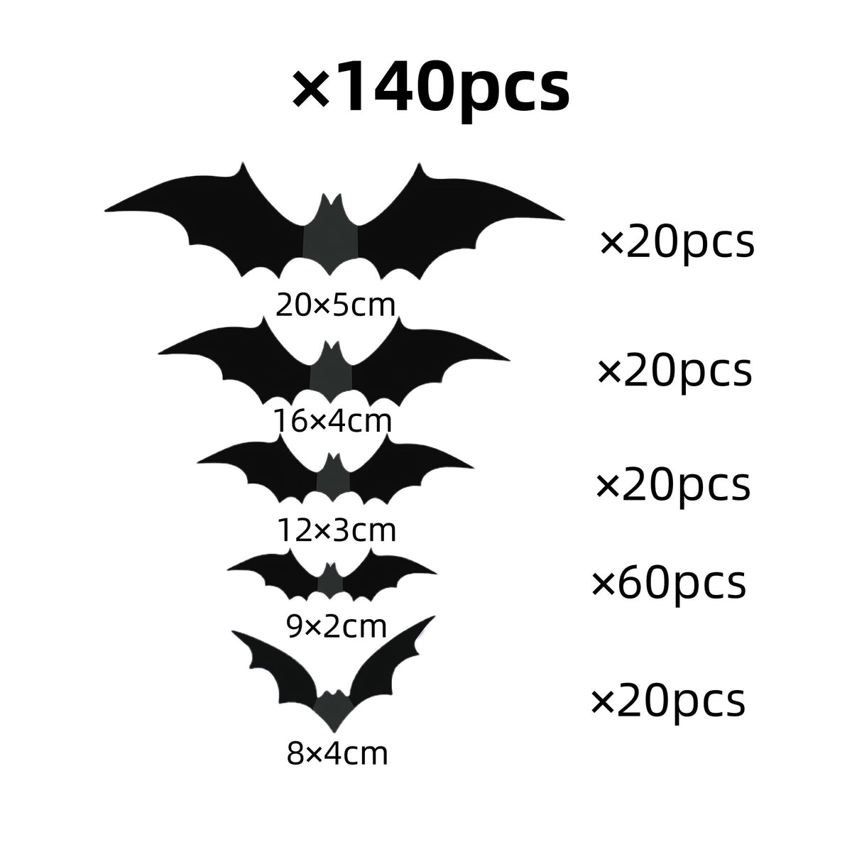 Chart of black bat wall stickers in five sizes with a total pack count of pieces