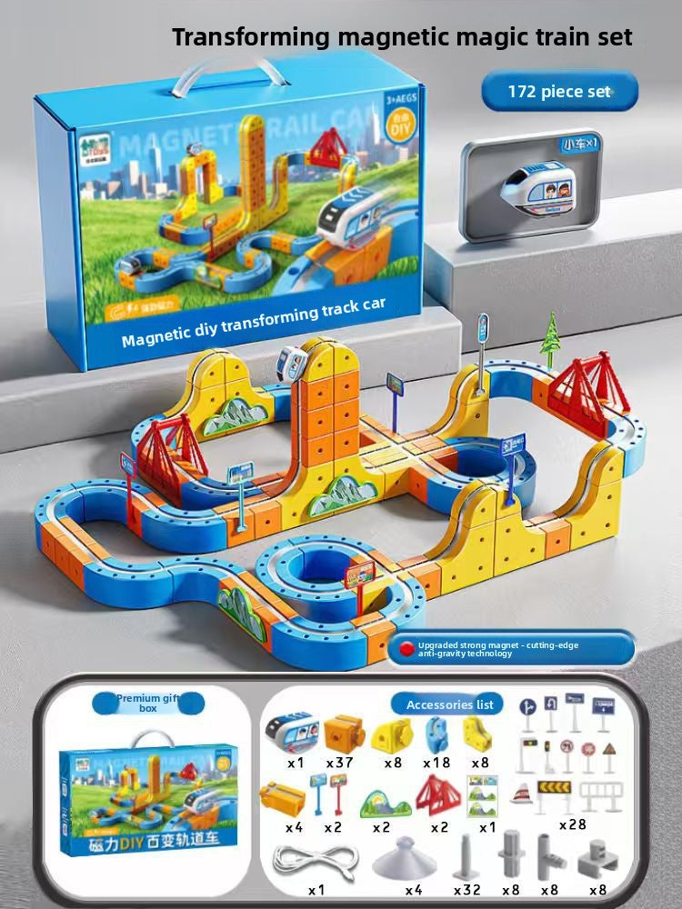 One hundred seventy two piece magnetic track set with box, railcar, bridges, road signs and supports