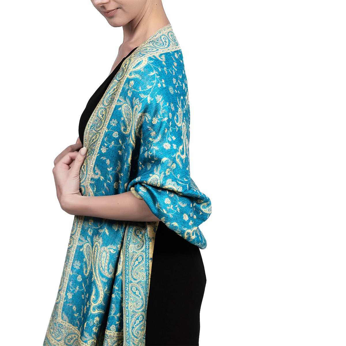 Light blue paisley tassel shawl wrap worn draped over the shoulders with tasseled fringe ends