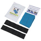 Blue quilted wrap folded in its packaging next to two black elastic straps and a how-to-use leaflet