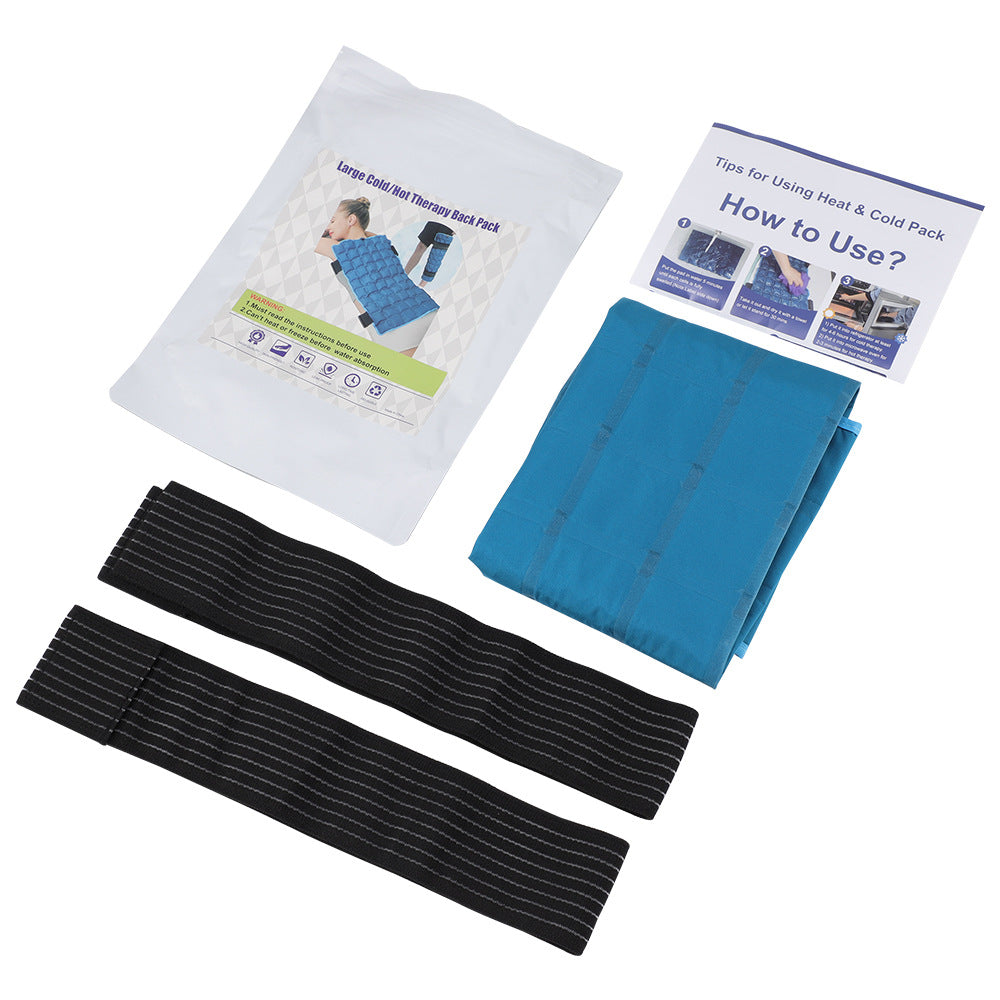 Blue quilted wrap folded in its packaging next to two black elastic straps and a how-to-use leaflet