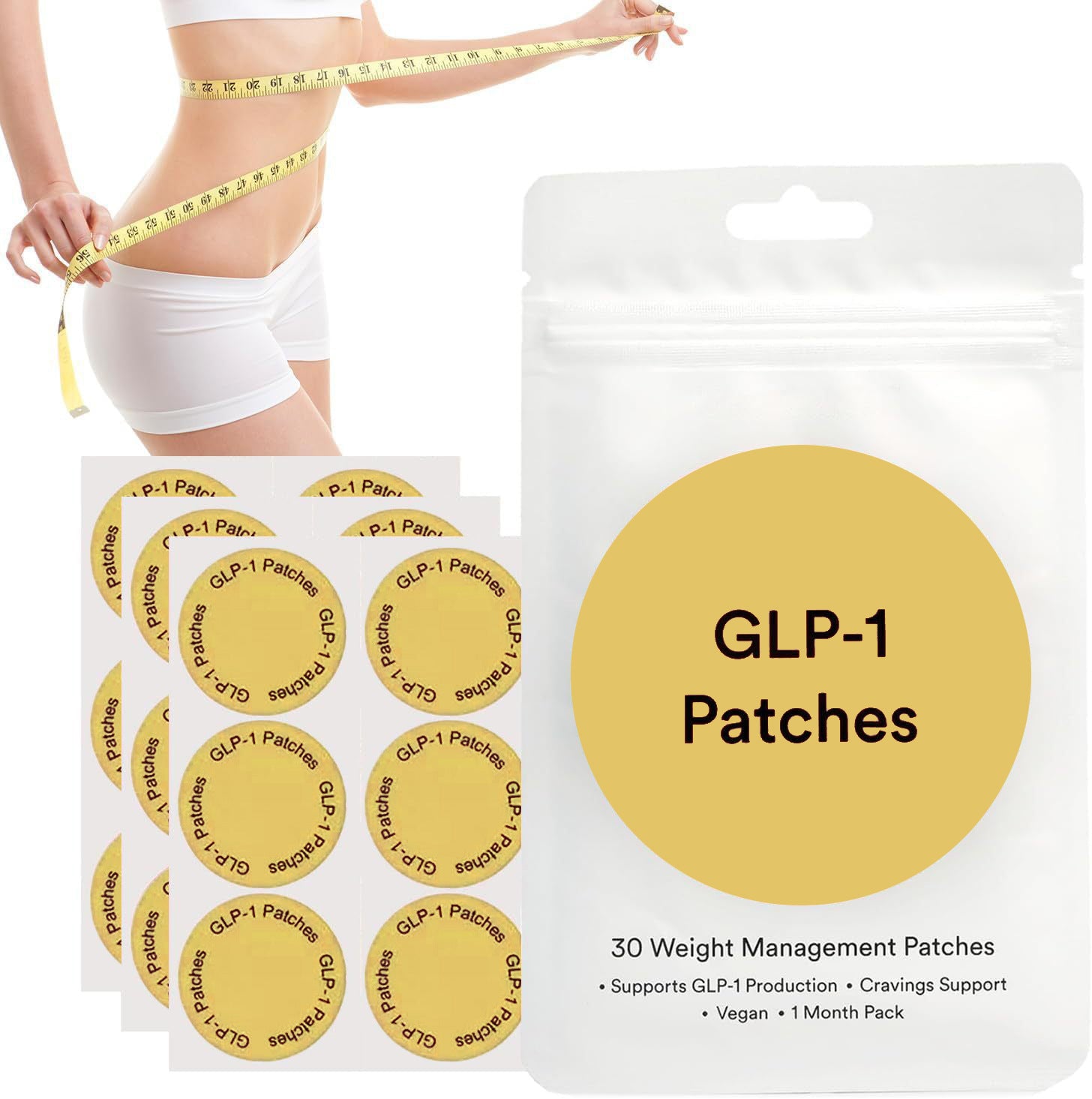 Yellow GLP-1 patch pouch with three sheets of round adhesive skin patches in a lifestyle photo