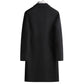 Back view of the black long wool coat showing a center back seam and a straight hem on a hanger