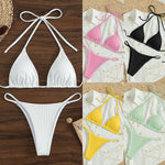 Collage of solid color halter triangle bikini sets with tie side briefs laid flat