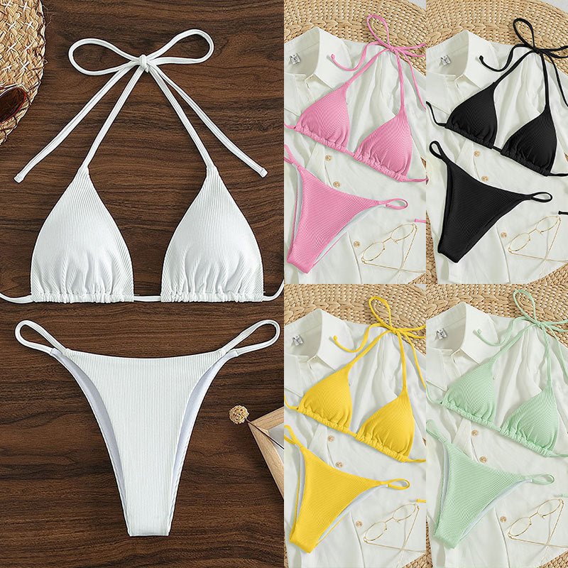 Collage of solid color halter triangle bikini sets with tie side briefs laid flat