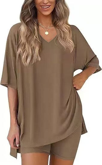 Brown milk silk V neck loungewear set, oversized top and matching shorts, size XXL