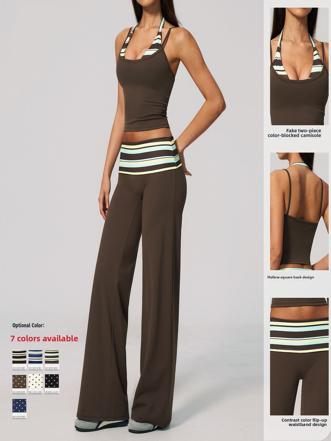 Model in a brown cropped camisole with a printed halter inset and wide leg pants, with three close up detail panels