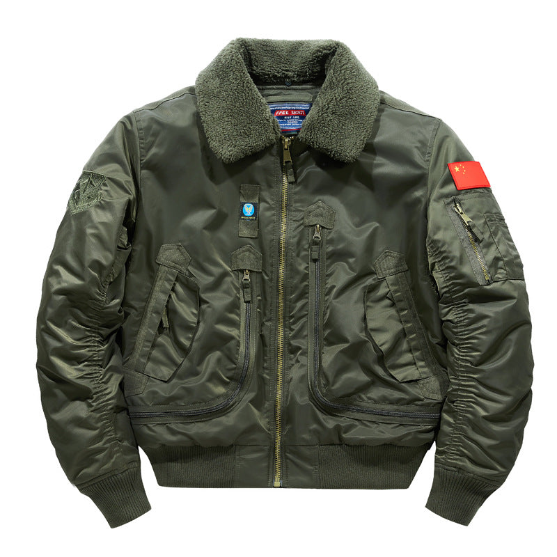 Black bomber jacket with sherpa collar in a natural light styling shot