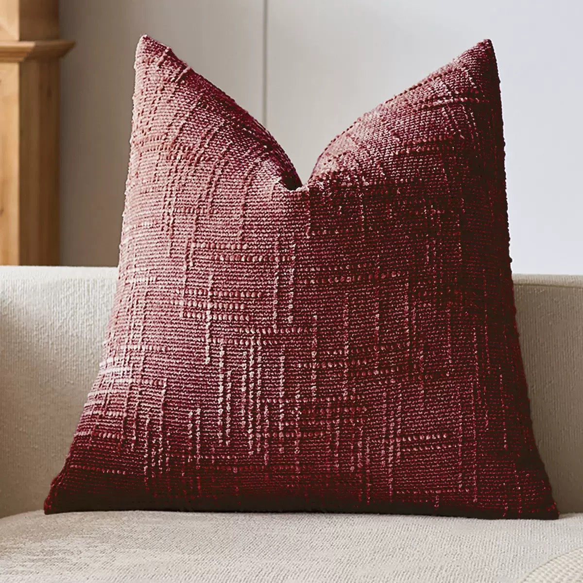 Decorative chenille throw pillow cover, plain dyed with a subtle woven grid texture across the front panel