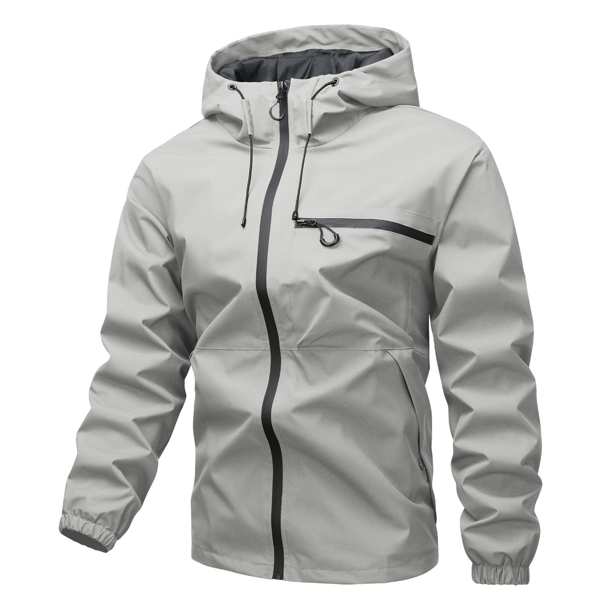 Light Gray hooded zip jacket with drawstring hood and chest zip pocket, option image for size XS