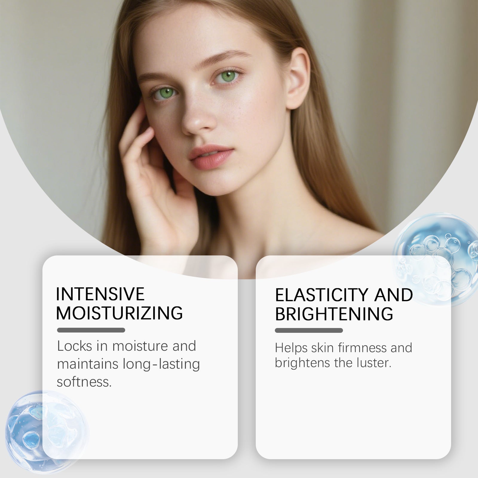 Volufiline ampoule infographic with two benefit cards beside a woman touching her face