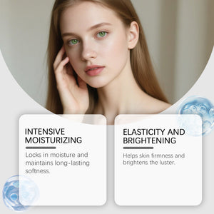 Volufiline ampoule infographic with two benefit cards beside a woman touching her face