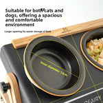 Black ceramic bowl in a double pet bowl stand with a wooden back strip and a 12 cm inner diameter marking