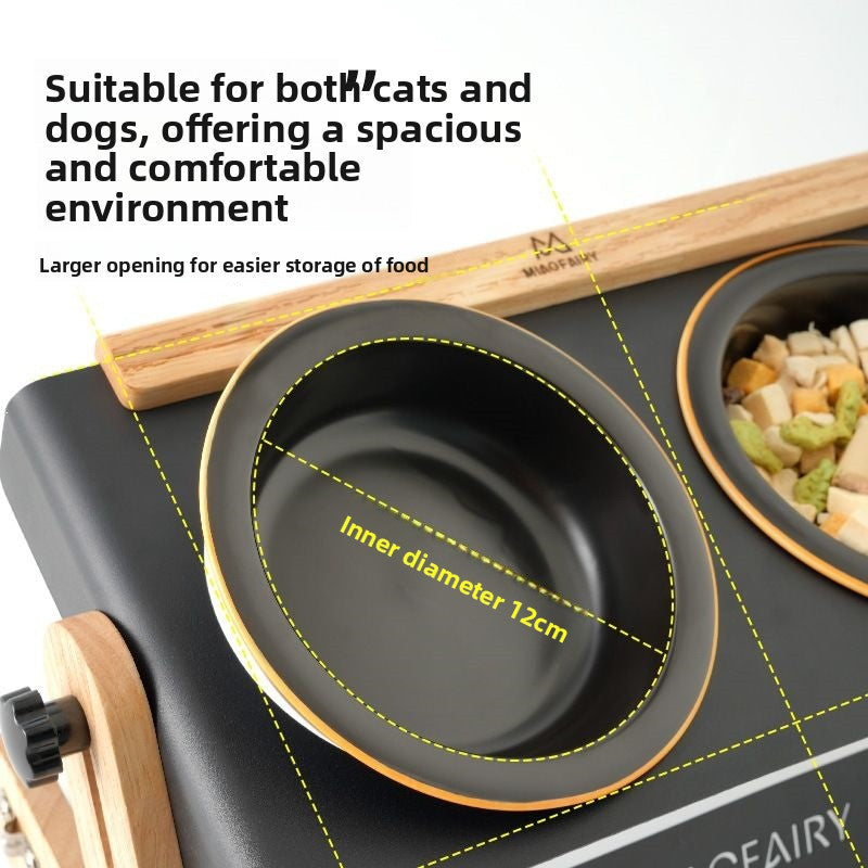 Black ceramic bowl in a double pet bowl stand with a wooden back strip and a 12 cm inner diameter marking