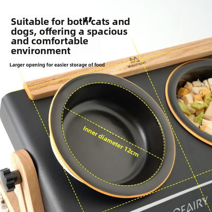 Black ceramic bowl in a double pet bowl stand with a wooden back strip and a 12 cm inner diameter marking