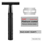 Matte black safety razor beside a set of five double edge replacement blades