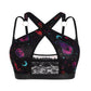 Black bra with purple and teal pumpkins and moons, keyhole and black lace panel, Cyberpunk pumpkin option, size XL