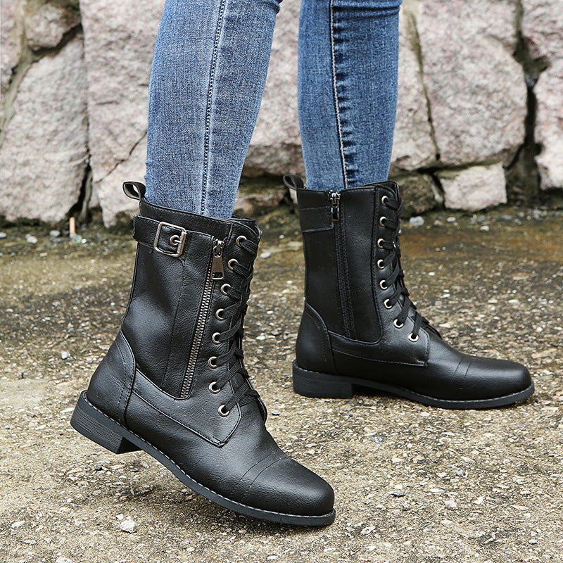 Black lace-up mid-calf boots with side zip and buckle strap, EU 37 variant view